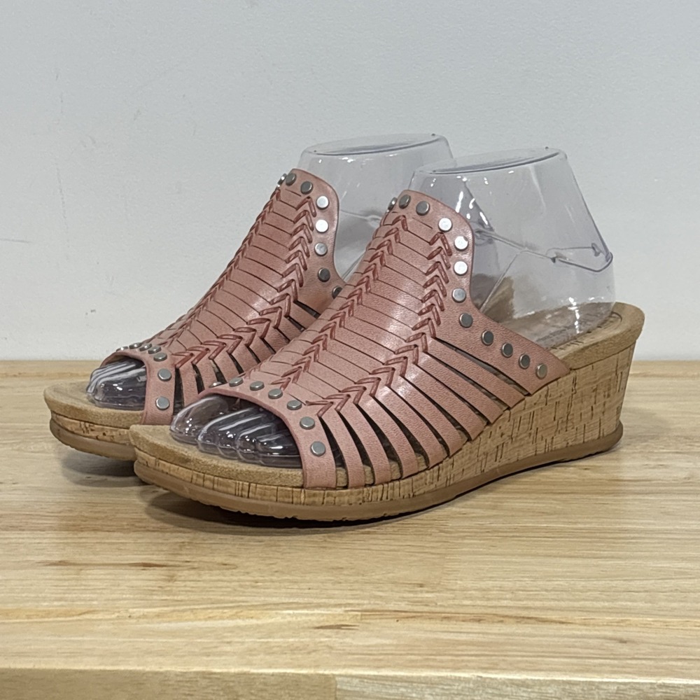 BareTraps Light Pink Silver Studded Strappy Fritsy Cork Wedge Sandals 8 M - Picture 2 of 9